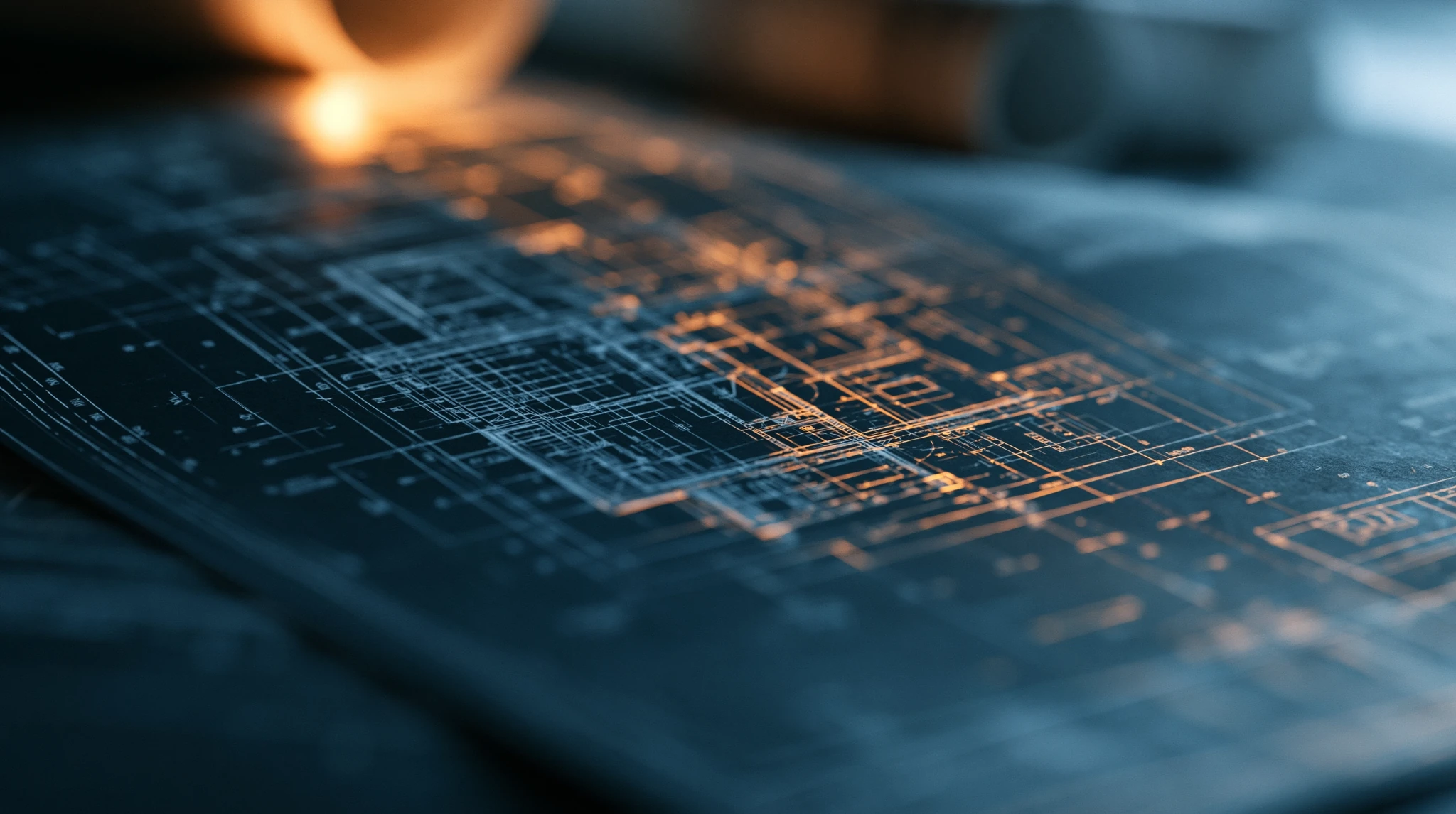 Close view of a technical blueprint on a work surface.